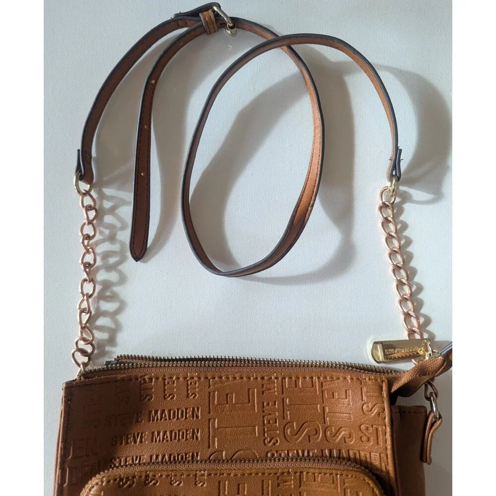 Steve Madden Purse Brown Cognac Logo Embossed Faux Leather Crossbody Bag Gold